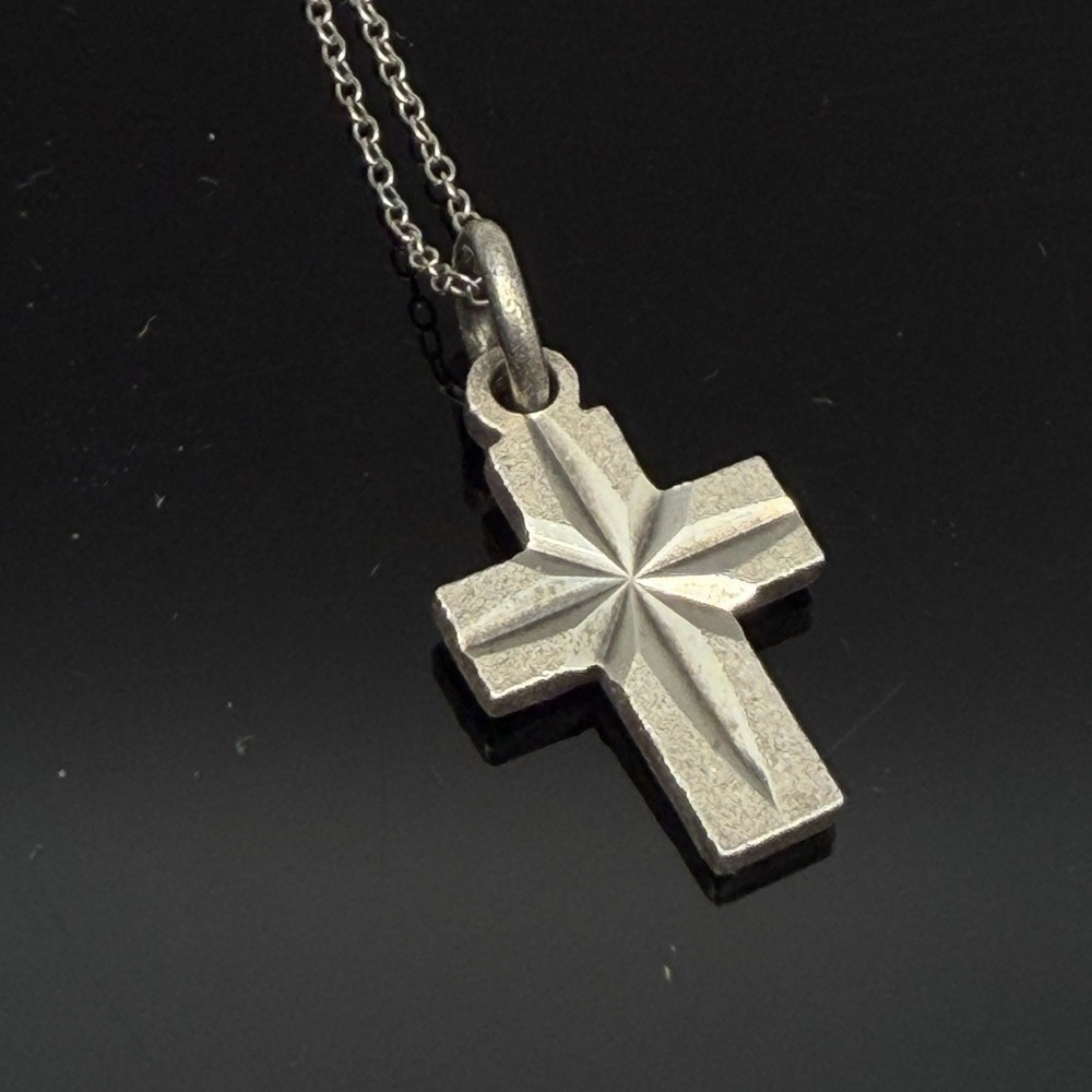 Vintage Small Etched Religious Cross Pendant Necklace Sterling Silver 925 1000